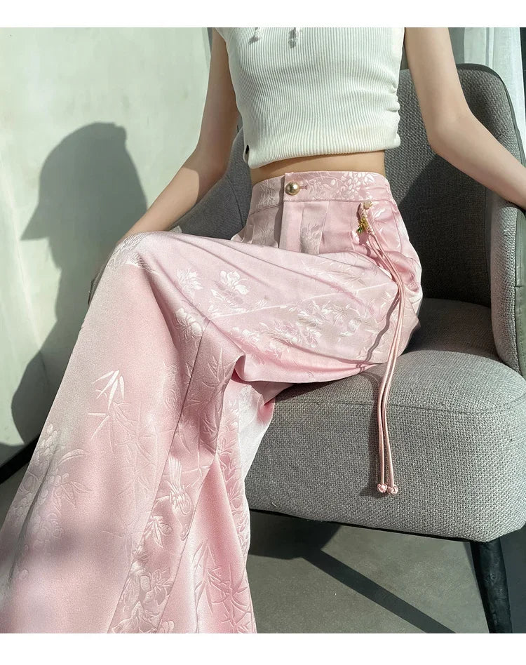 Jacquard Wide Leg Satin Pants for Women
