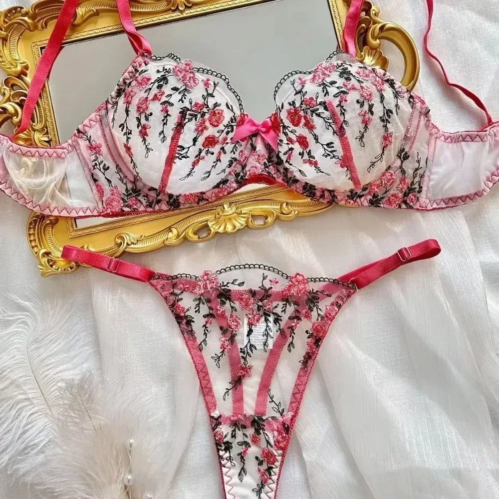 High-End Floral Embroidery Mesh Lingerie Set