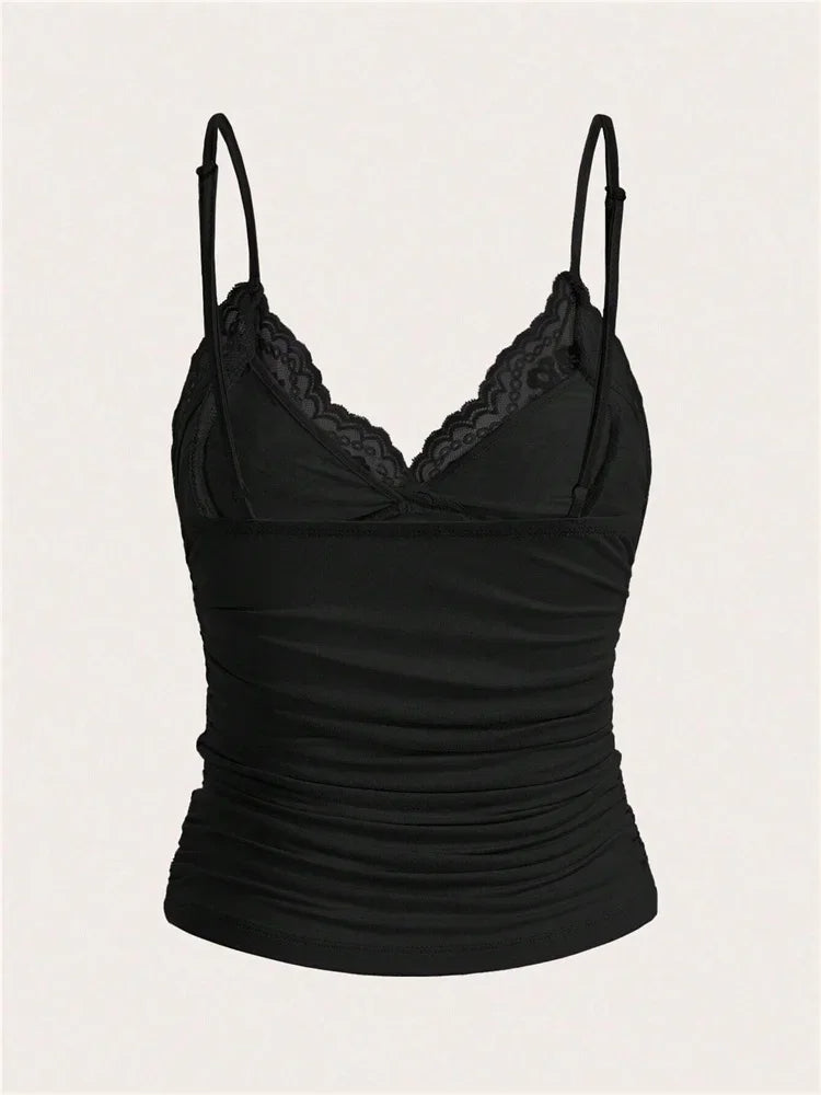 Sexy Contrast Lace Bow Front Crop Cami Top