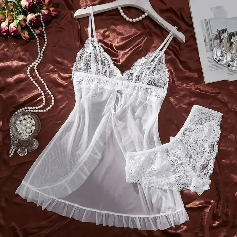 Fringed Flirt Satin Breast Leak Open Neck Lingerie Set (Gloves Not Included)