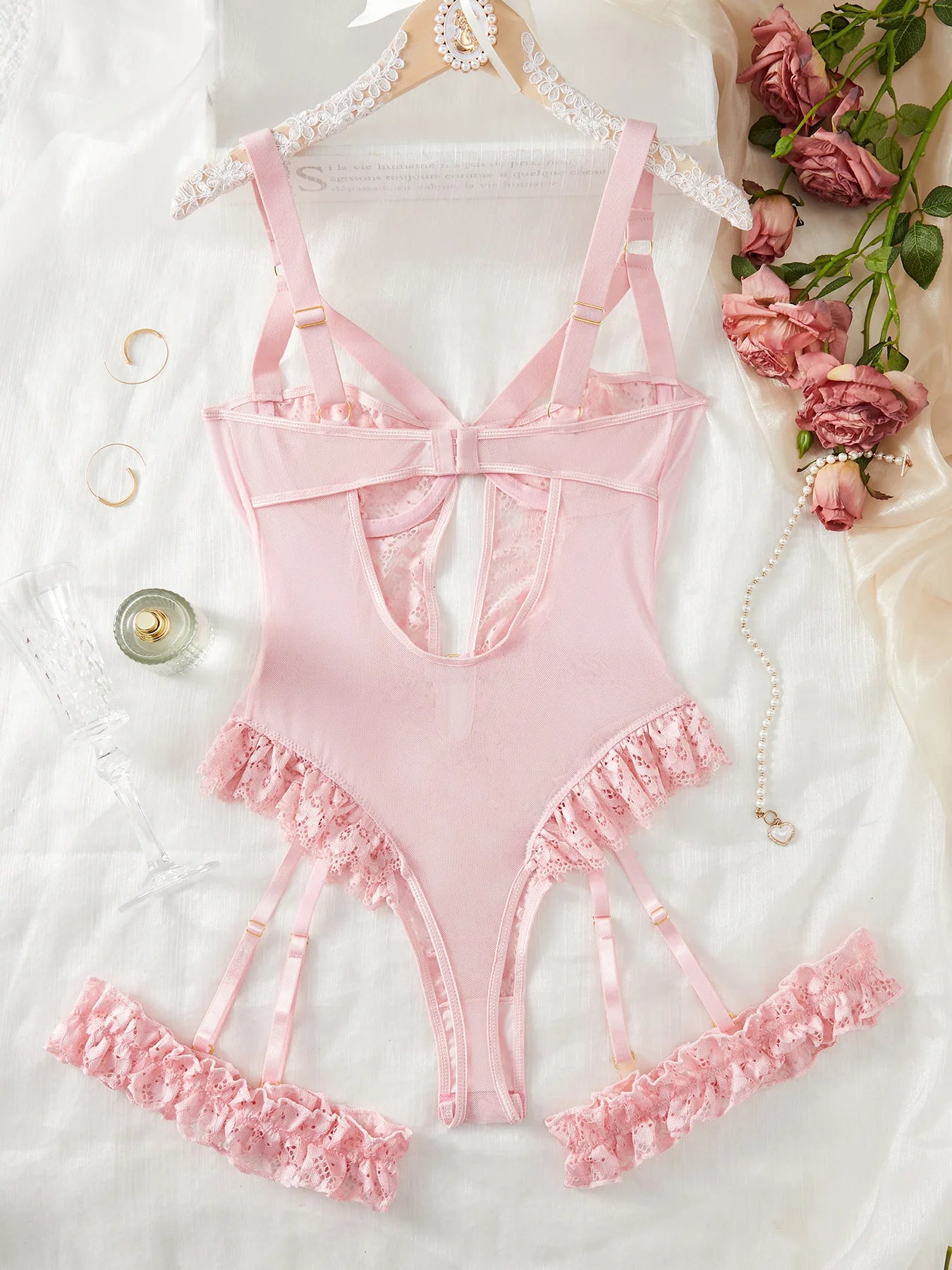 Midnight Bloom Lace Garter Lingerie Set with Choker