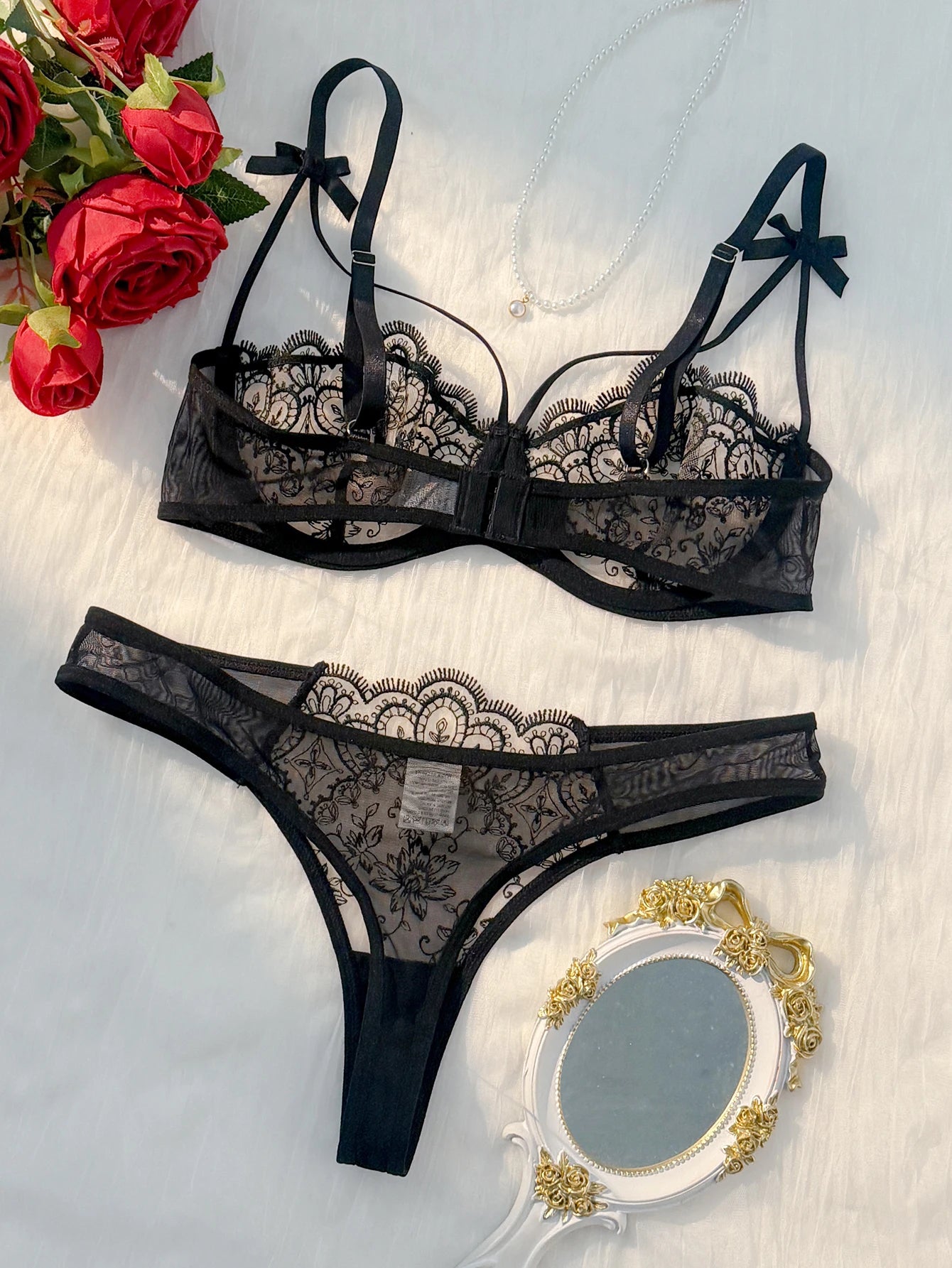 Lightweight Sexy Black Bow Lingerie Set