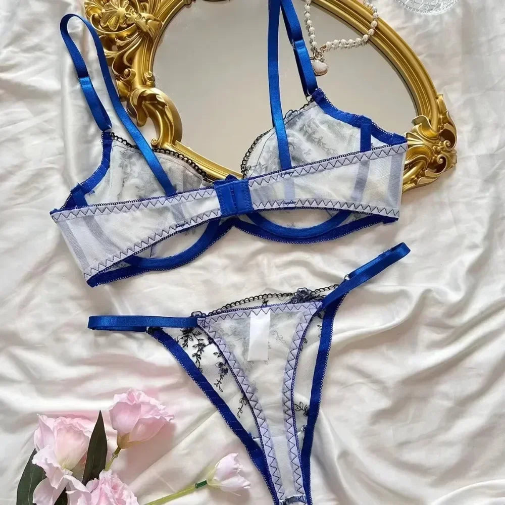 High-End Floral Embroidery Mesh Lingerie Set