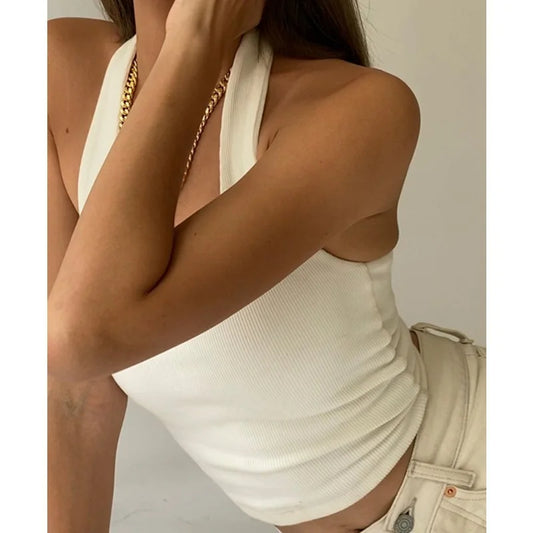 Halter Backless Ribbed Knit Crop Top