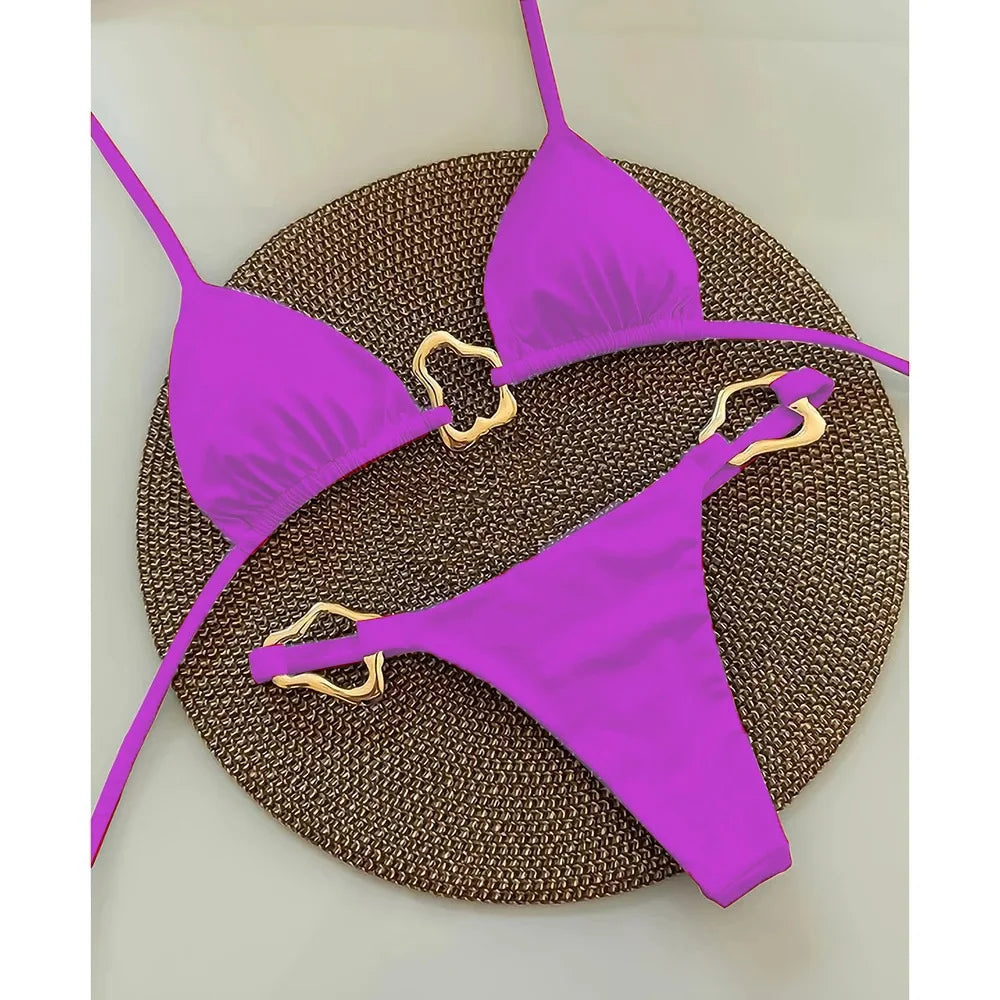Solid Color Lace-Up Bikini Set