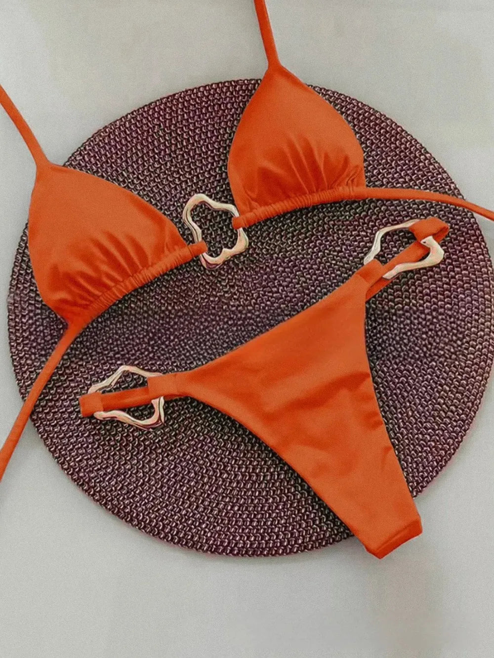 Solid Color Lace-Up Bikini Set