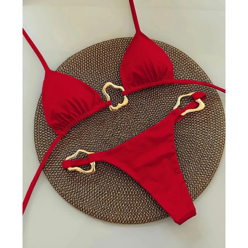 Solid Color Lace-Up Bikini Set