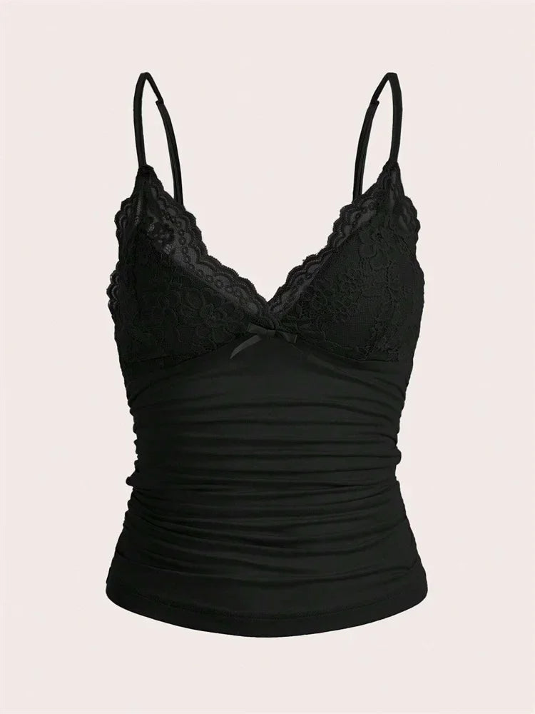 Sexy Contrast Lace Bow Front Crop Cami Top