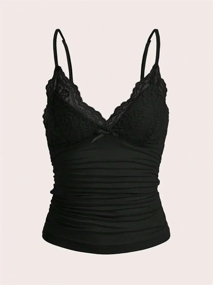 Sexy Contrast Lace Bow Front Crop Cami Top