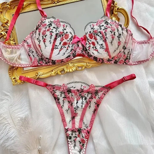 High-End Floral Embroidery Mesh Lingerie Set