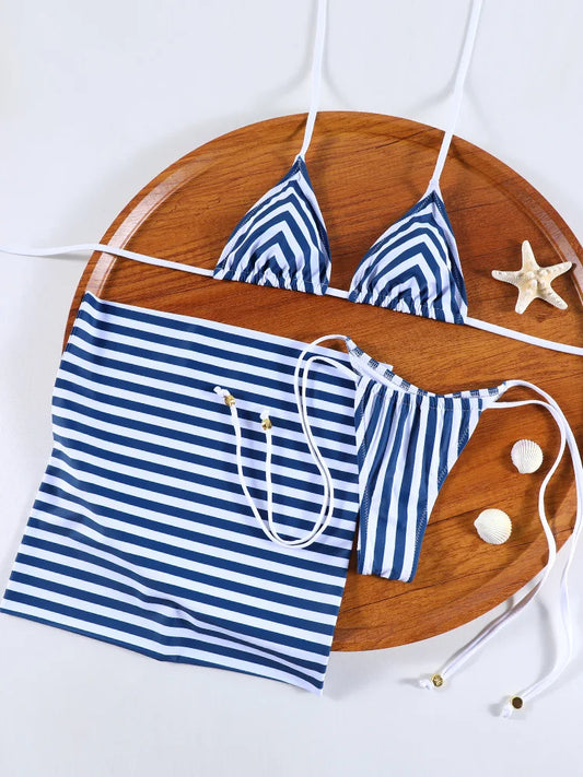 Blue Striped Triangle Bikini Set