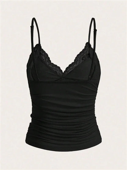 Sexy Contrast Lace Bow Front Crop Cami Top