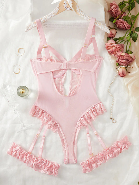 Midnight Bloom Lace Garter Lingerie Set with Choker