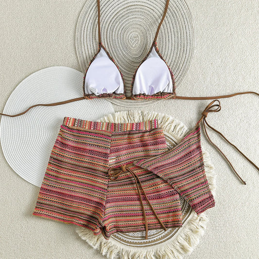 Sexy Knitted Striped Halter Bikini Set