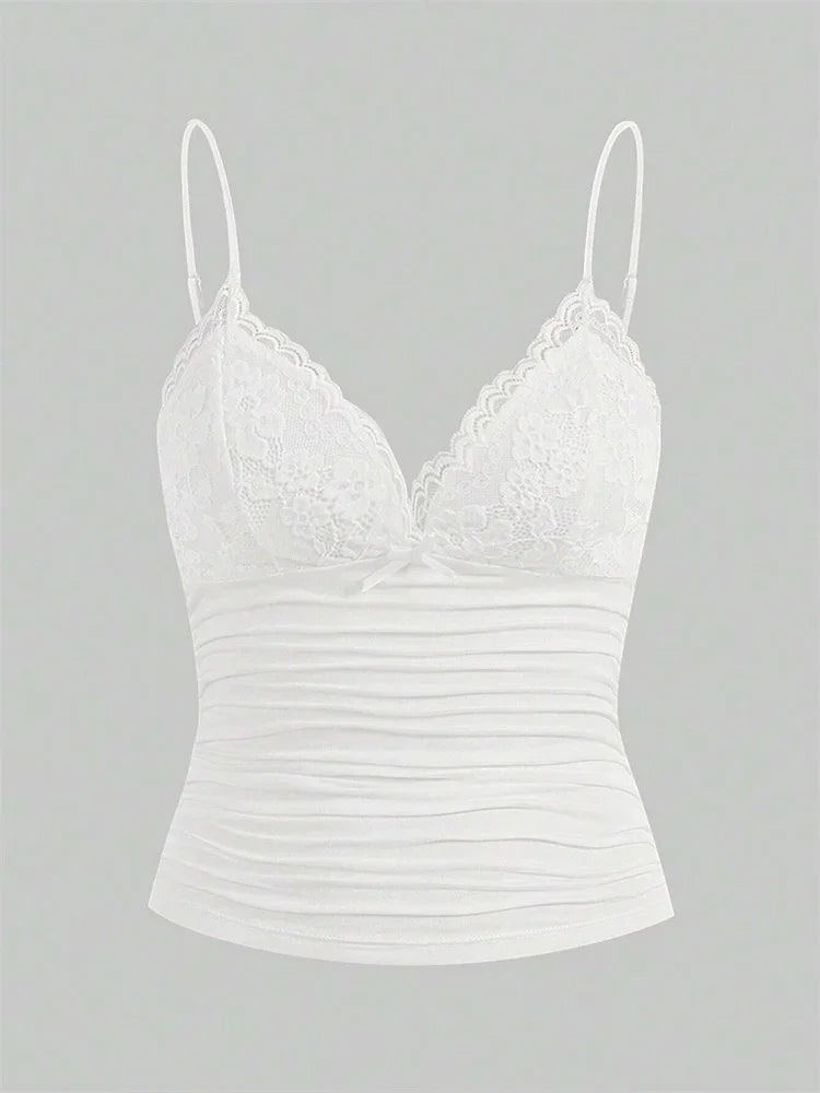 Sexy Contrast Lace Bow Front Crop Cami Top