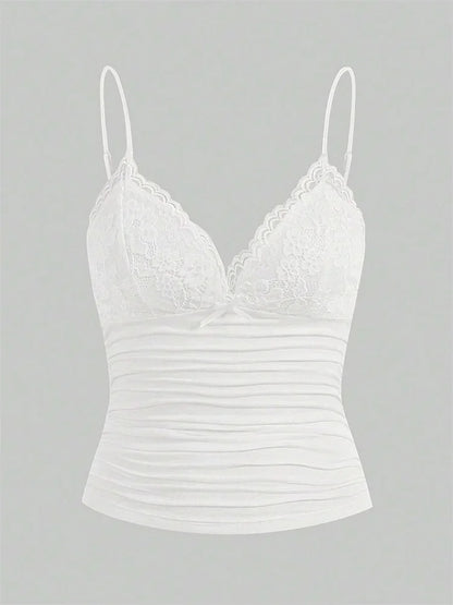 Sexy Contrast Lace Bow Front Crop Cami Top