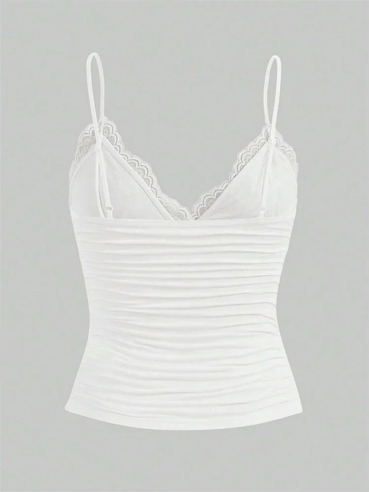 Sexy Contrast Lace Bow Front Crop Cami Top