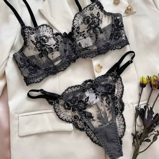 High-End Floral Embroidery Mesh Lingerie Set