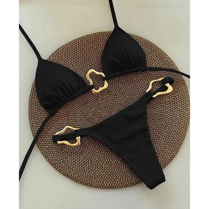 Solid Color Lace-Up Bikini Set