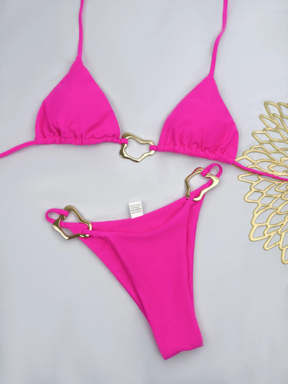 Solid Color Lace-Up Bikini Set