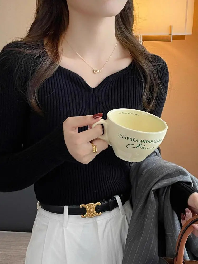 Basic V-Neck Ribbed Knit Pullover Sweater