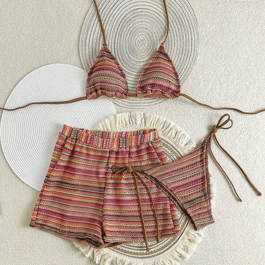 Sexy Knitted Striped Halter Bikini Set